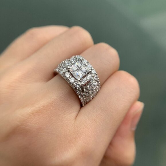 🎁 Princess Cut Zircon Full Filled Square Multi Layer Luxury Ring Set, UNVN12246 - Picture 2 of 8